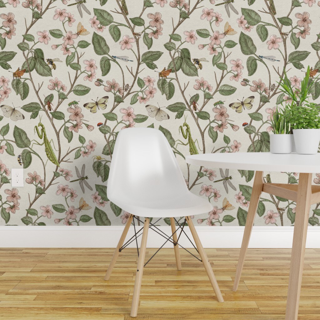 Peel &#x26; Stick Wallpaper 2FT Wide Vintage Insects Garden Traditional Classic Bugs Butterfly Praying Mantis Custom Removable Wallpaper by Spoonflower