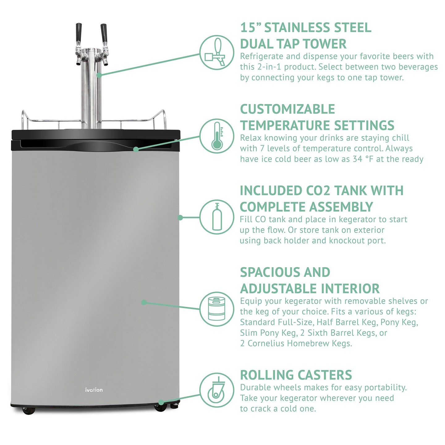 Ivation Full Size Kegerator, Dual Tap Draft Beverage Dispenser &#x26; Universal Beer Cooler