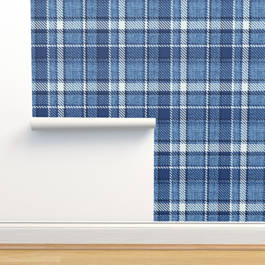 Monochrome Plaid Blue Farmhouse Custom Removable Wallpaper by Spoonflower Peel & Stick Wallpaper 2FT Wide
