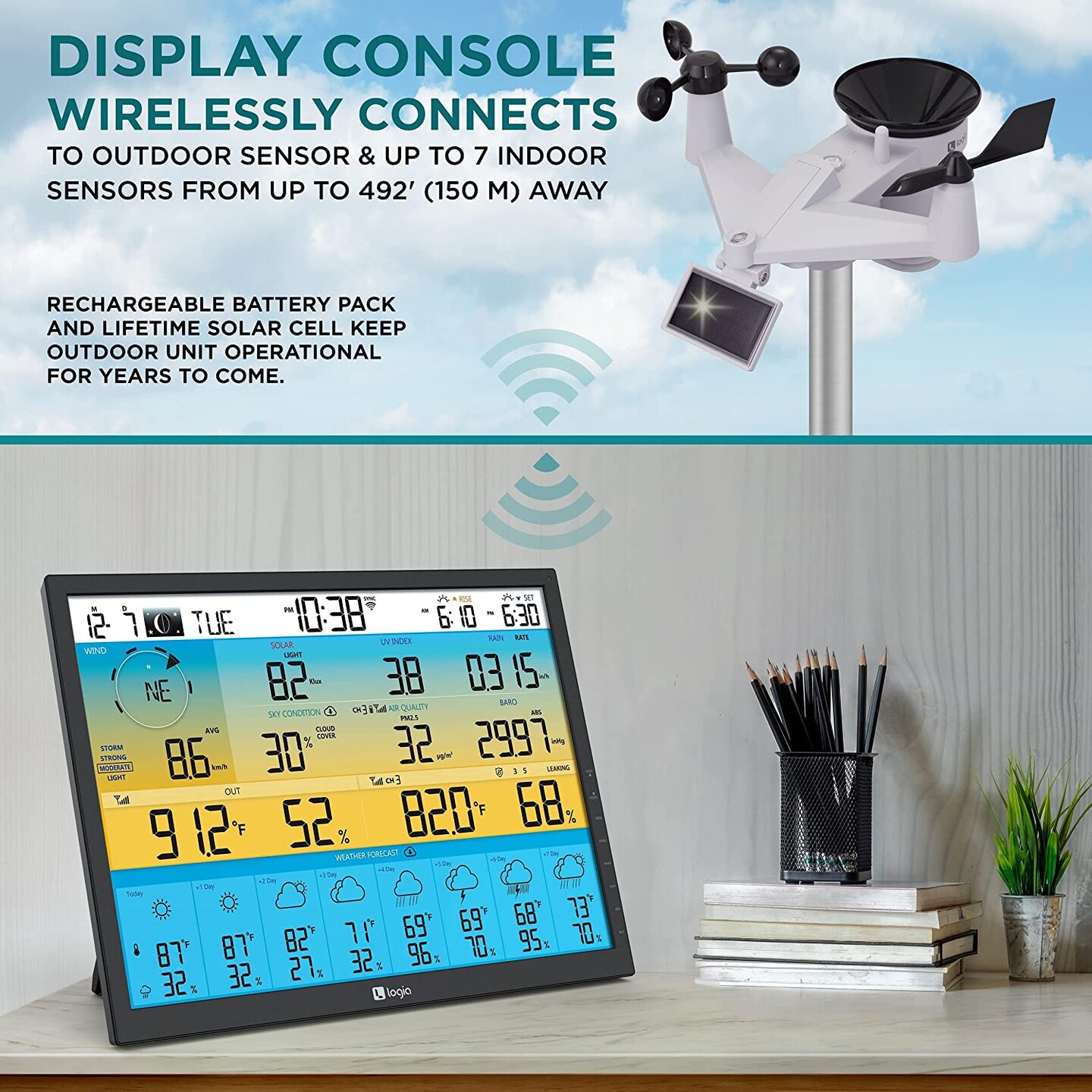 Logia 7-in-1 Wireless Weather Station 19&#x22; with 8-Day Forecast