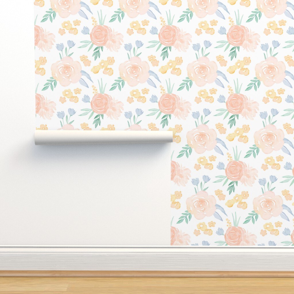 Watercolor Floral Pink Yellow Roses Flowers Medium Scale Custom Pre-pasted Wallpaper by Spoonflower Pre-Pasted Wallpaper 2FT Wide