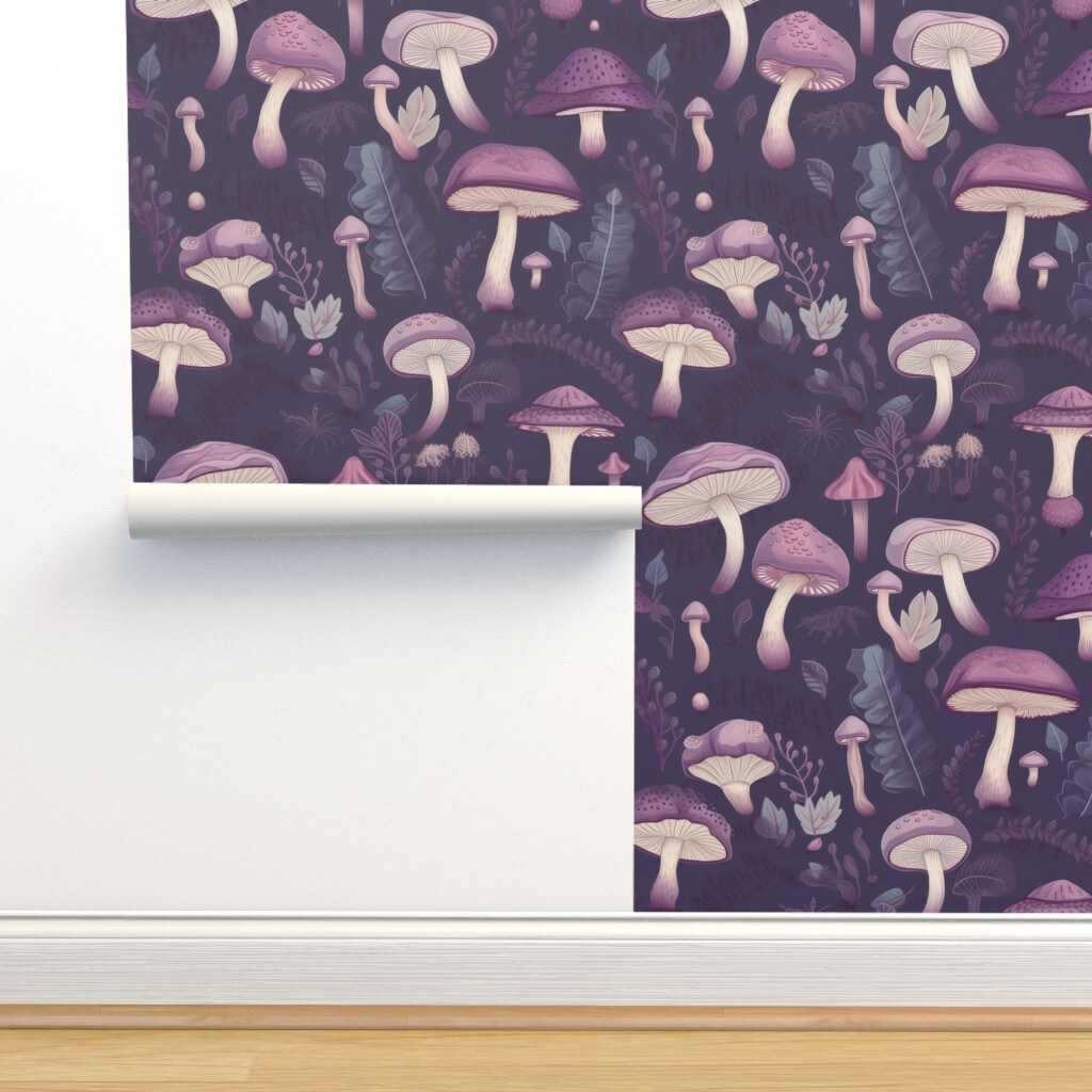 Enchanted Purple Mushrooms Woodland Violet Shrooms Botanical Fairies Monochrome Custom Pre-pasted Wallpaper by Spoonflower Pre-Pasted Wallpaper 2FT Wide