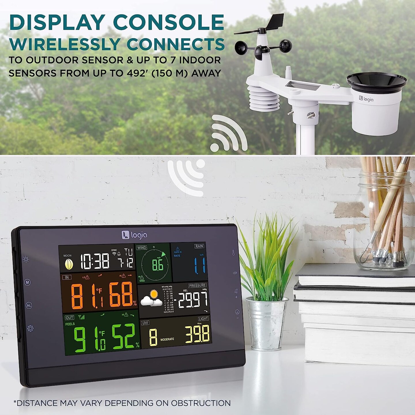 Logia 7-in-1 WiFi Wireless Weather Station with solar panel and Black LED Display