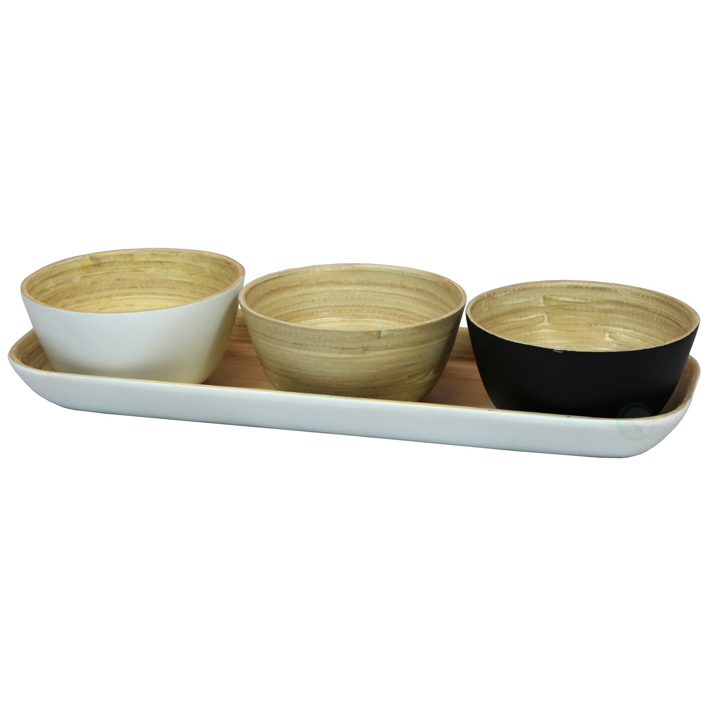 Basicwise White Bamboo Tray with Three Tricolor Bowls