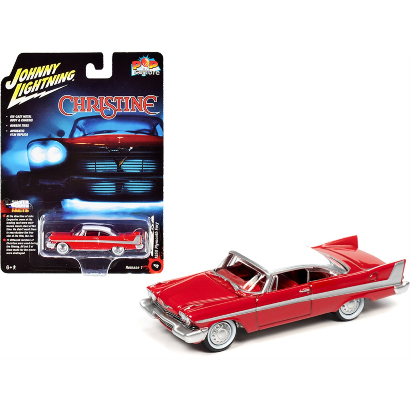 1958 Plymouth Fury Red with White Top (Daytime Version) "Christine" (1983) Movie "Pop Culture" Series 1/64 Diecast Model Car by Johnny Lightning