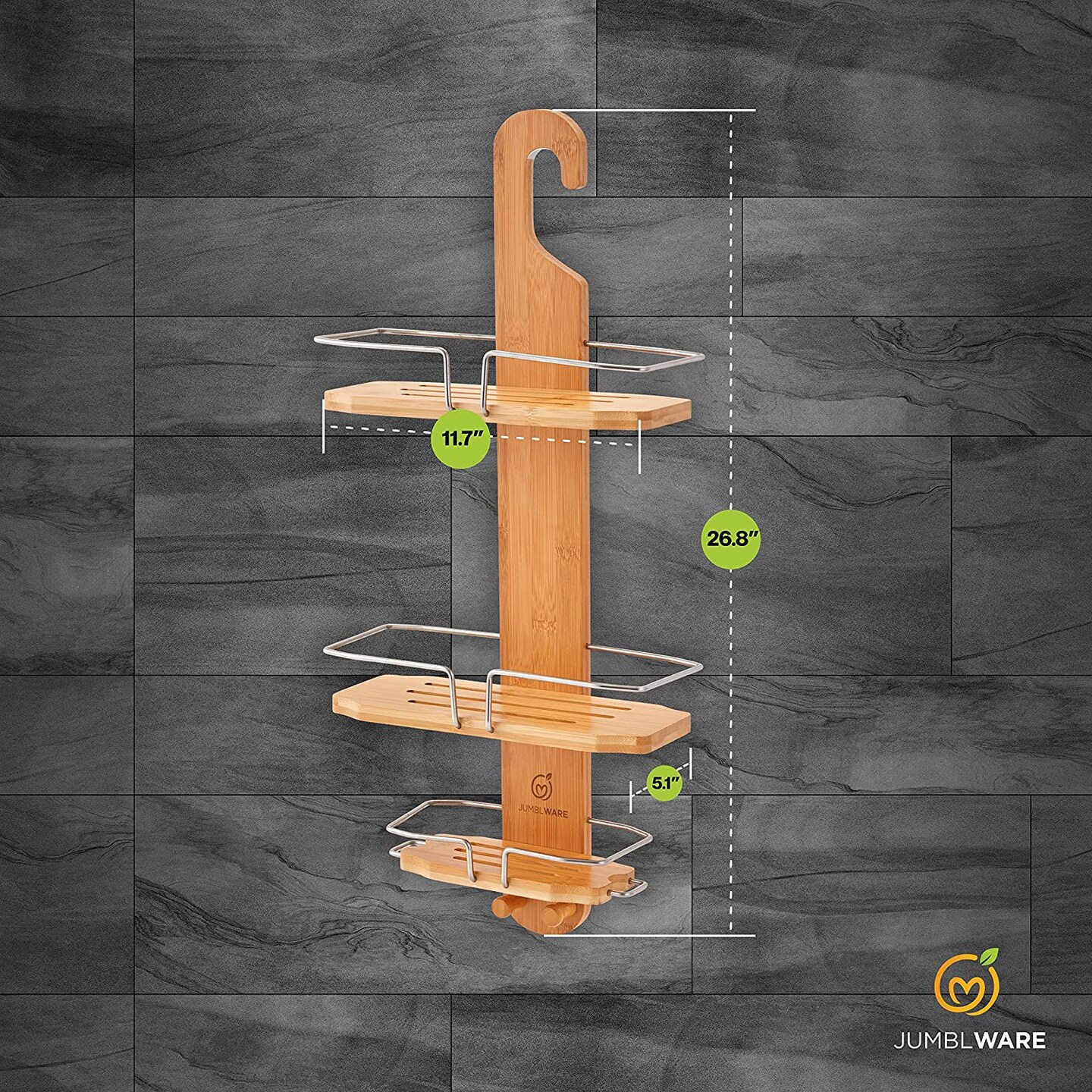 JumblWare Bamboo Shower Caddy, 11.7 x 26.8 Hanging 3-Tier Suction