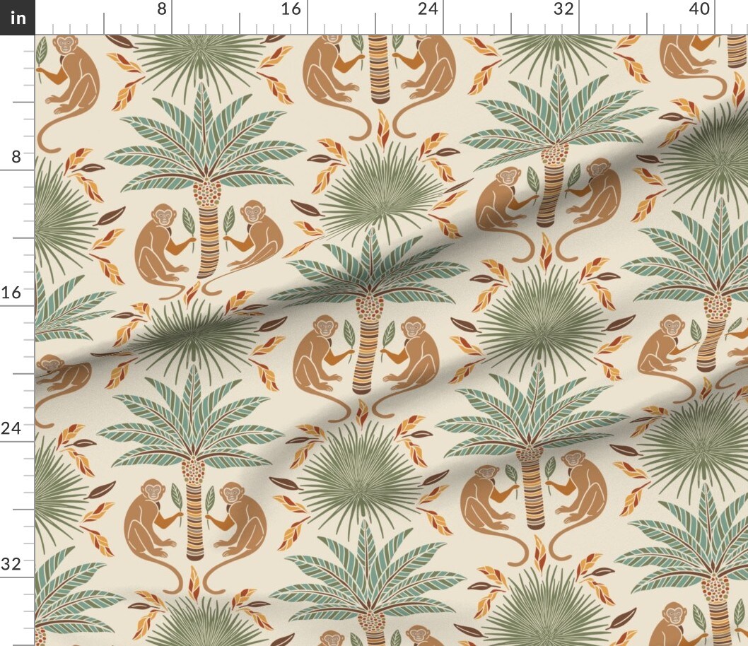 Beige Art Deco Monkeys Safari Palm Trees Travel Boho Muted Neutrals Summer Animals Plants Large Scale Custom Printed Fabric by Spoonflower Various Fabrics by the Yard or Fat Quarter
