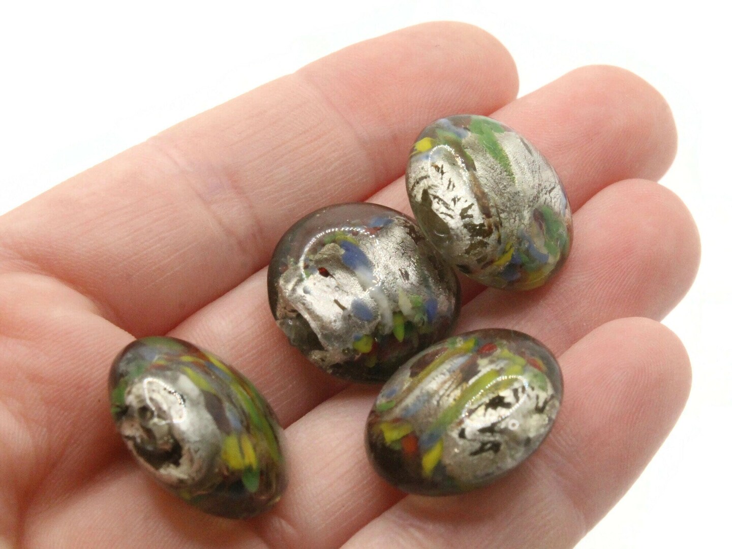 4 21mm Gray Speckled Coin Flat Round Lampwork Glass Beads