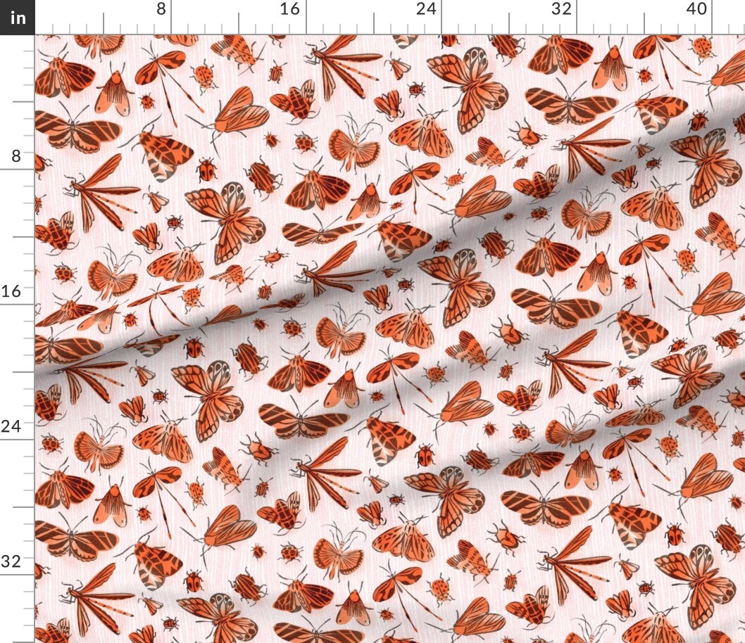 Orange Bugs Retro Vintage Large Scale Fifties Style On Pink Butterfly Beetle Custom Printed Fabric by Spoonflower Various Fabrics by the Yard or Fat Quarter