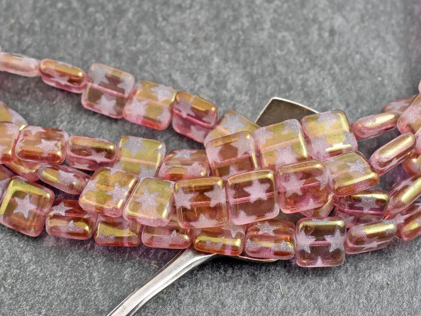 *20* 10mm Bronzed Rose Pink w/ Stars Flat Square Beads
