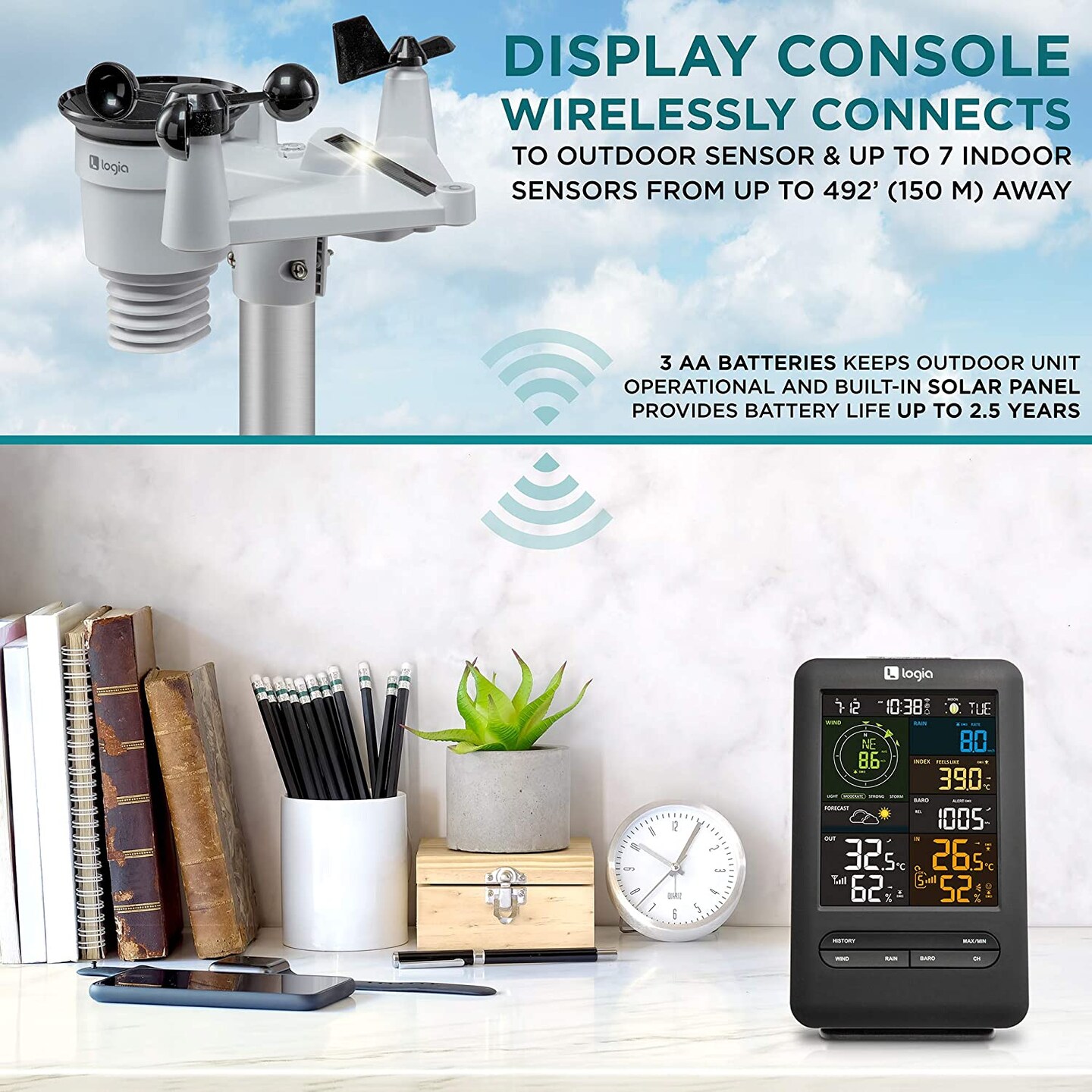 Logia 5-in-1 WiFi Wireless Weather Station with solar panel and Black LED Display