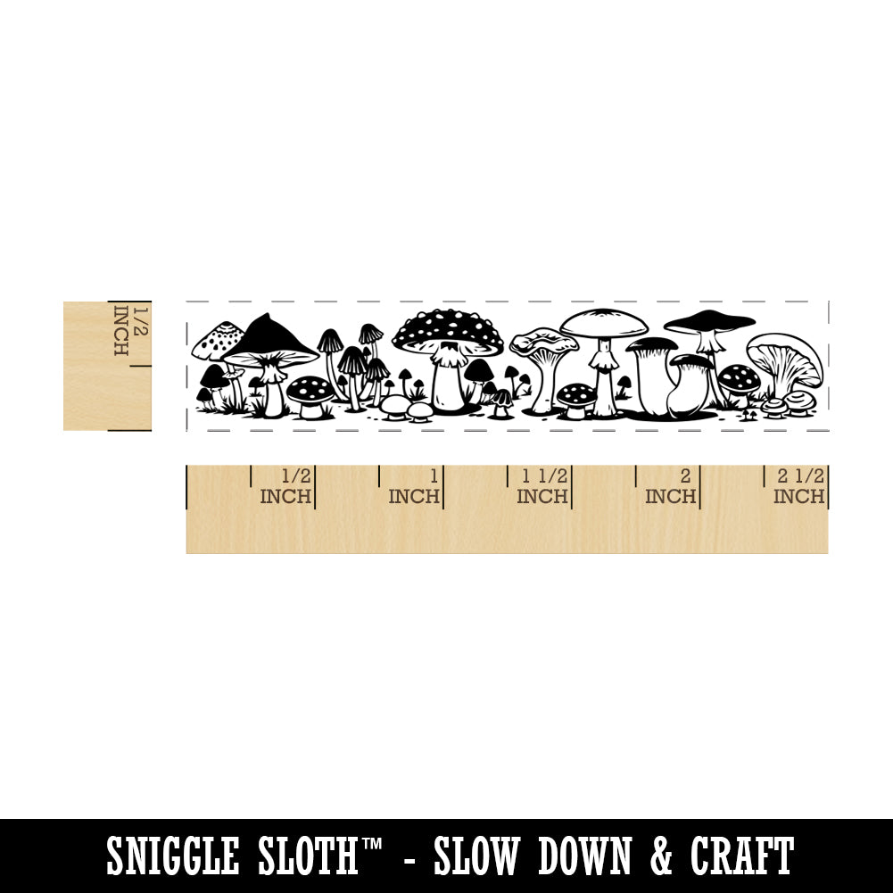 Whimsical Row of Magical Mushrooms Fungus Fungi Toadstool Rectangle Rubber Stamp for Stamping Crafting