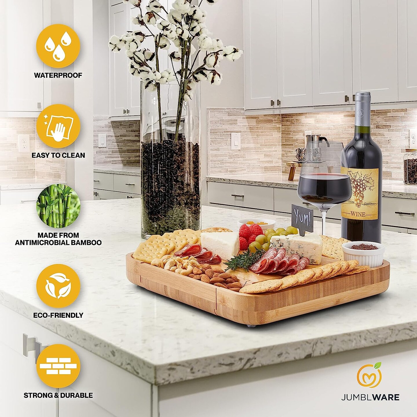 JumblWare Bamboo Cheese Board and Fruit Platter, 13x13" Wooden Meat and Cheese Tray Set