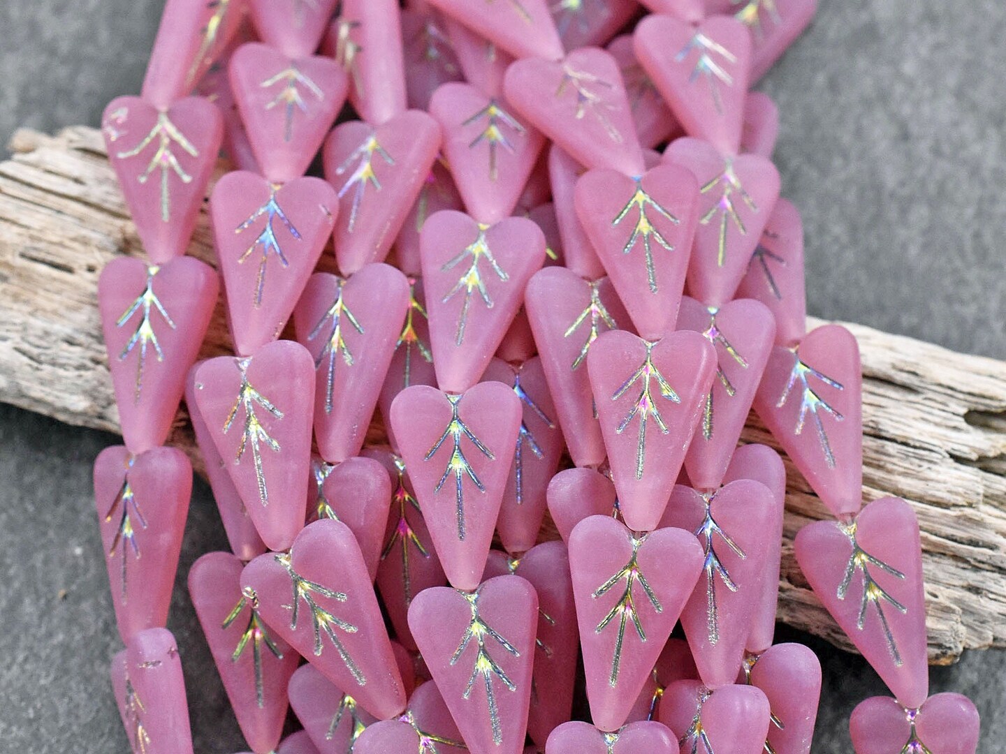 *8* 17x11mm Rainbow Metallic Washed Matte Pink Opal Heart Leaf Beads