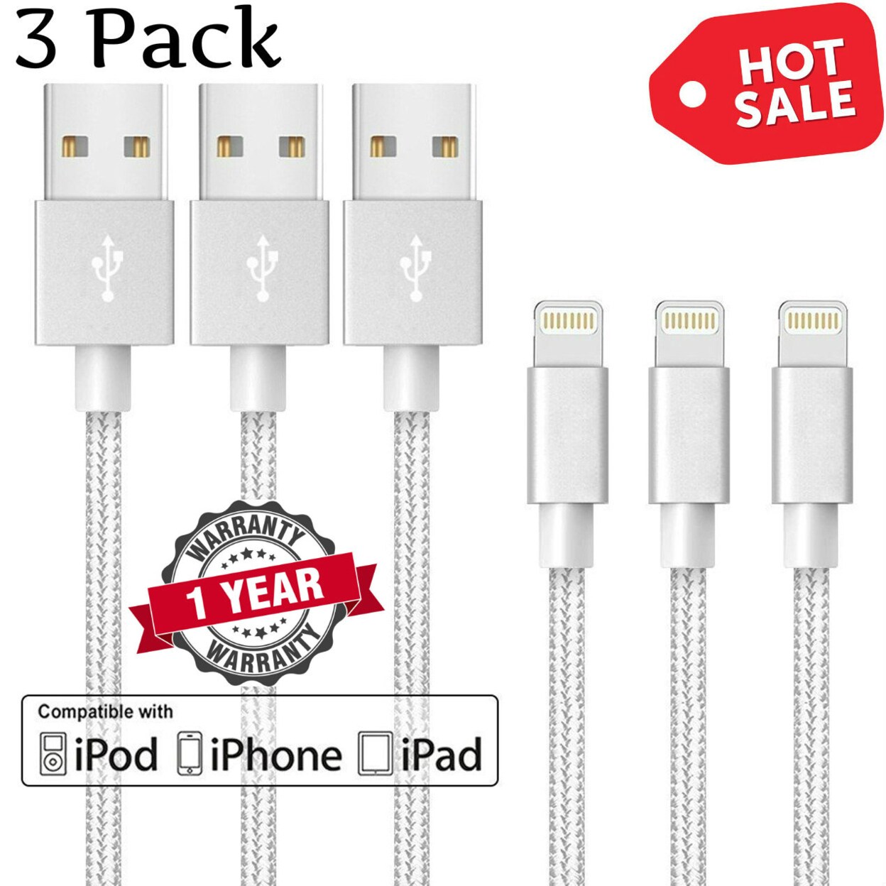 Bedazzled Bijou 6FT Heavy Duty Braided 8 Pin iPhone USB Charger Cable Cord