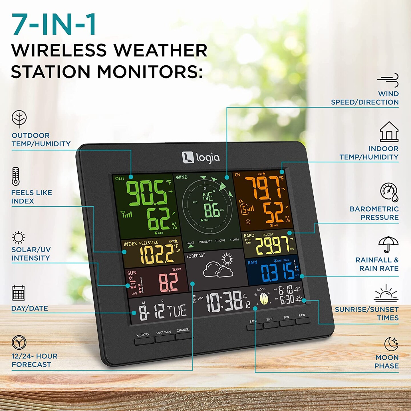 Logia 7-in-1 WiFi Wireless Weather Station with solar panel and Black LED Display