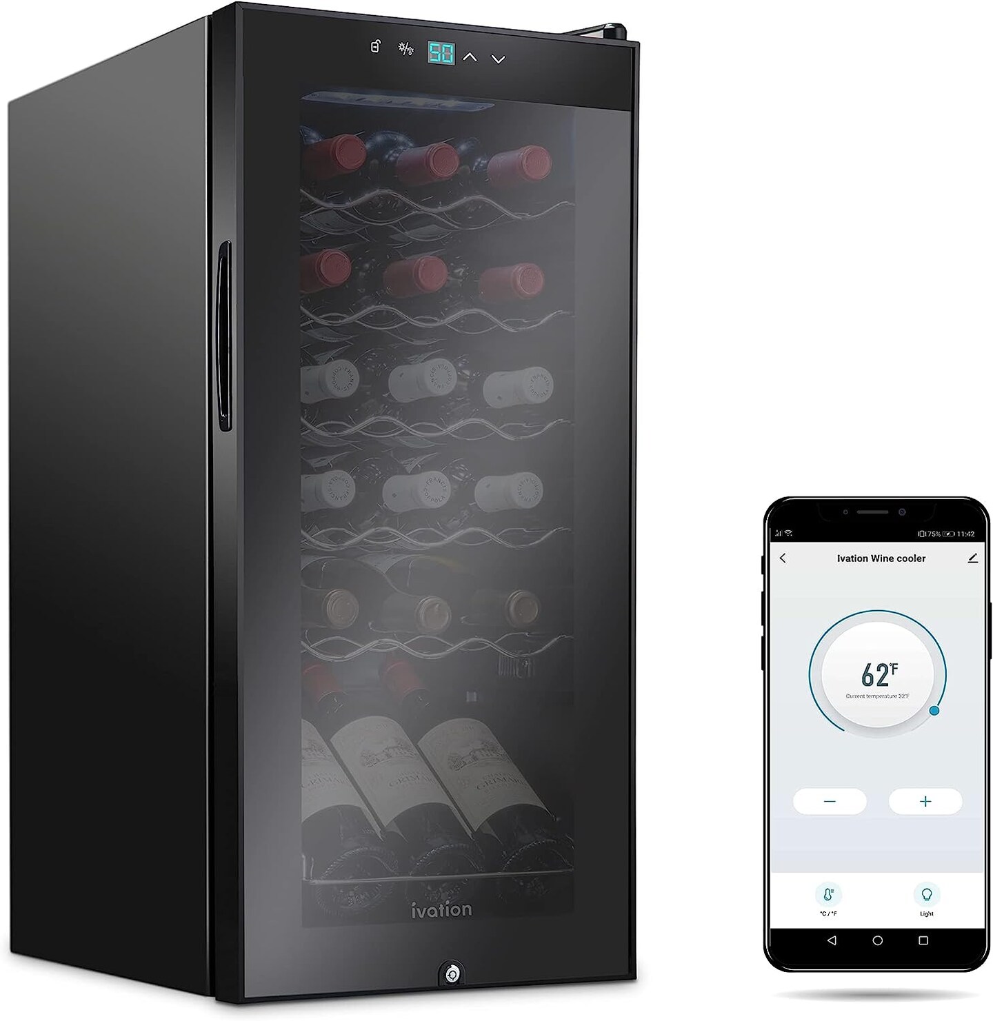 Ivation Wine Cooler with WiFi, Freestanding Wine Fridge w/Smart App Control