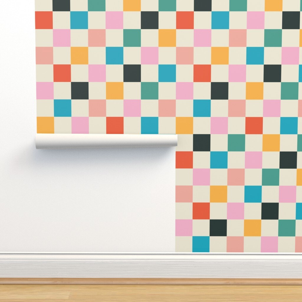Retro Checkerboard Pink Orange Modern Multicolor Checker Check Custom Removable Wallpaper by Spoonflower Peel & Stick Wallpaper 2FT Wide