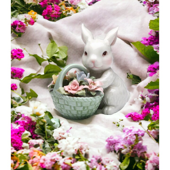 kevinsgiftshoppe Ceramic Easter Bunny Rabbit With Flower Basket Figurine Home Decor