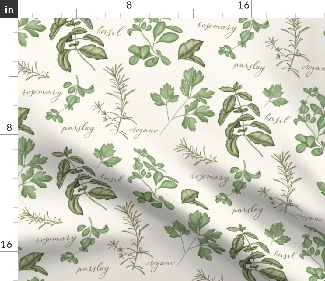 Victorian Herbs Garden Illustration Botanical Leaves Cottagecore Custom Printed Fabric by Spoonflower Various Fabrics by the Yard or Fat Quarter