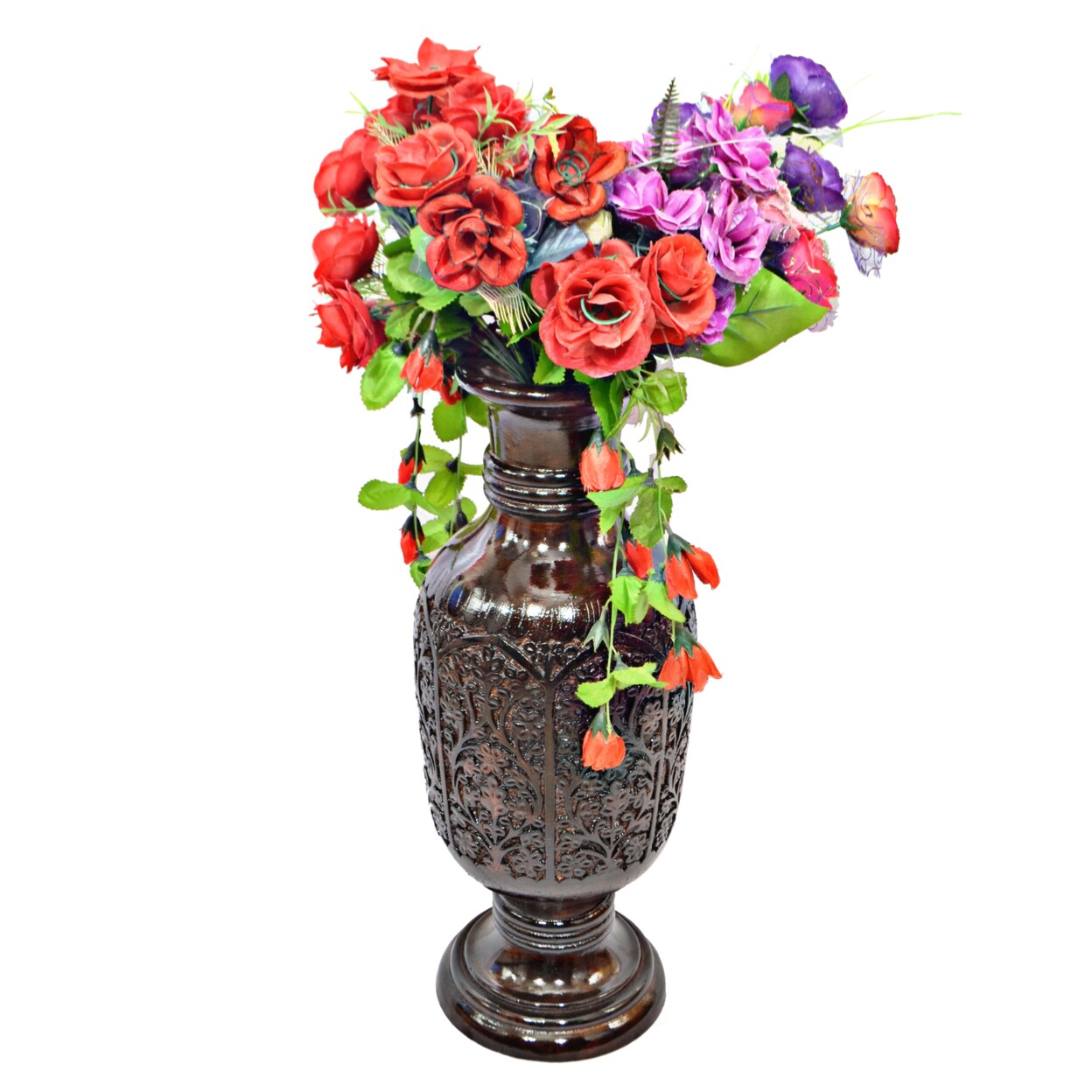 Uniquewise Antique Decorative Hand Curved Brown Mango Wood Table Flower  Vase with Unique Textured Pattern, 24 Inch