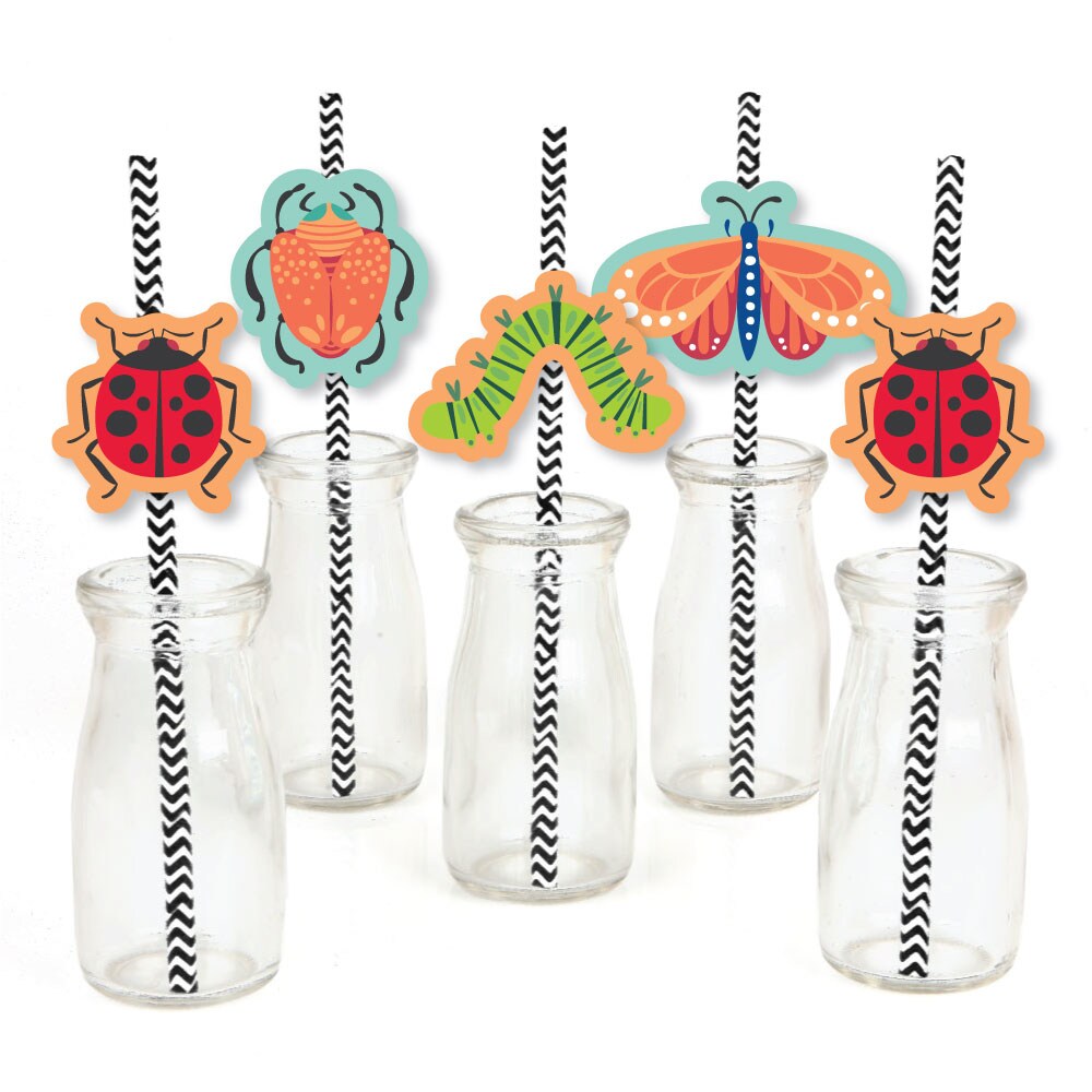 Big Dot of Happiness Buggin' Out - Paper Straw Decor - Bugs Birthday Party Striped Decorative Straws - Set of 24