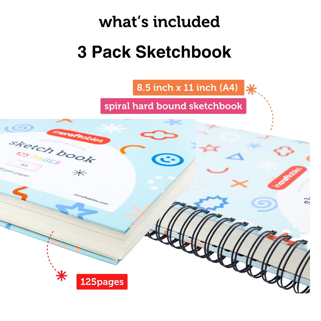 3 PACK - Incraftables Art Sketchbook (125 Pages) Spiral Bound. Hardcover Perforated Paper Pad (8.5&#x201D; x 11&#x201D; Big) Art Sketch Book for Artists &#x26; Beginners. Heavy Duty Sketch Notebook for Drawing &#x26; Panting (A4)