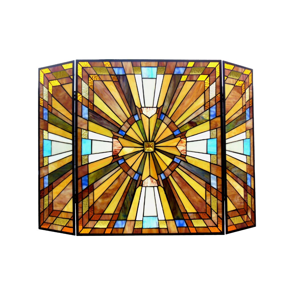 CHLOE Lighting   FLARE Tiffany-glass Mission 3pcs Folding Fireplace Screen 38&#x22;Wide
