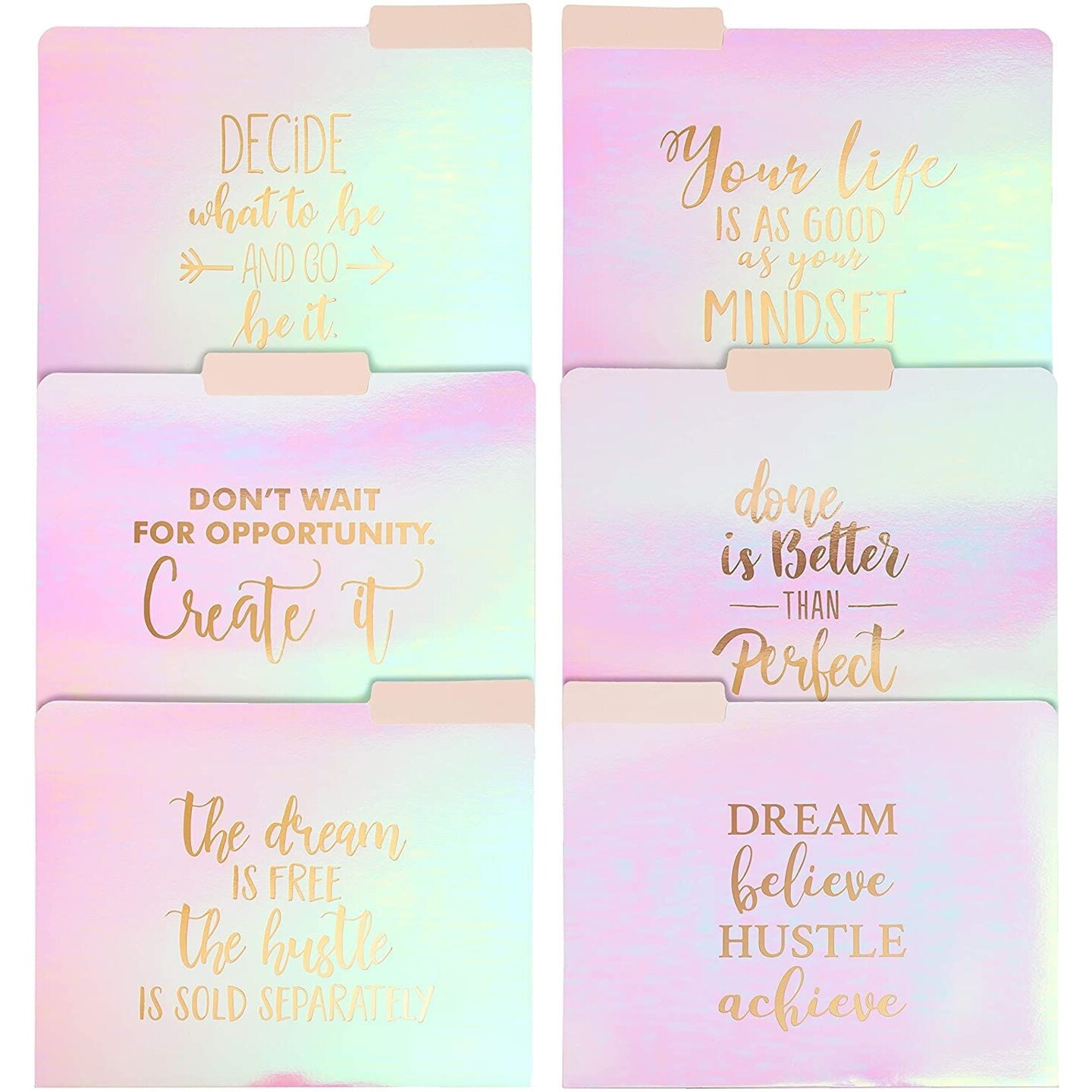12 Pack Motivational Iridescent Decorative File Folders Emboss Rose Gold Foil, Letter Size