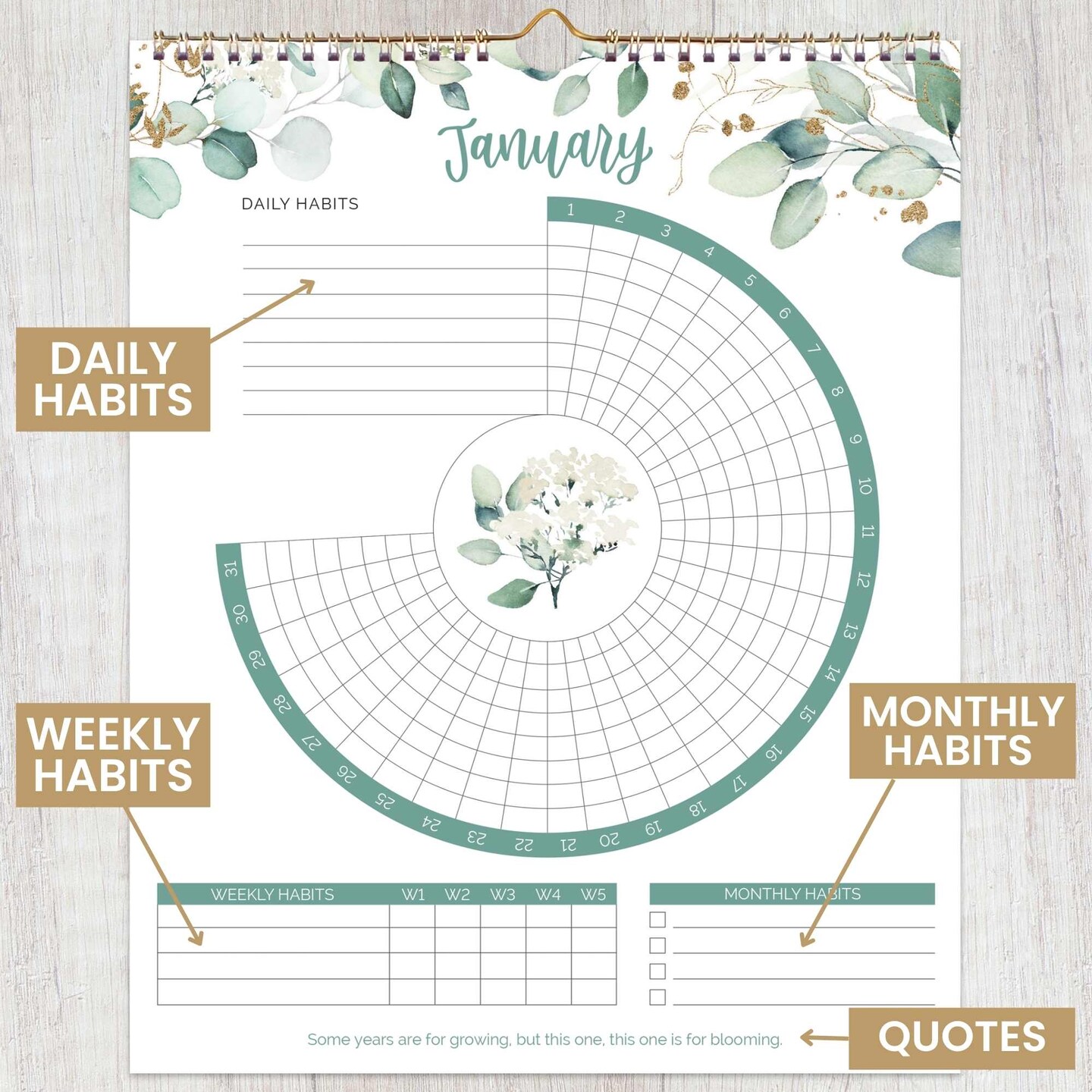 bloom daily planners Habit Tracking Calendar, 8&#x201D; x 10&#x201D;, Greenery