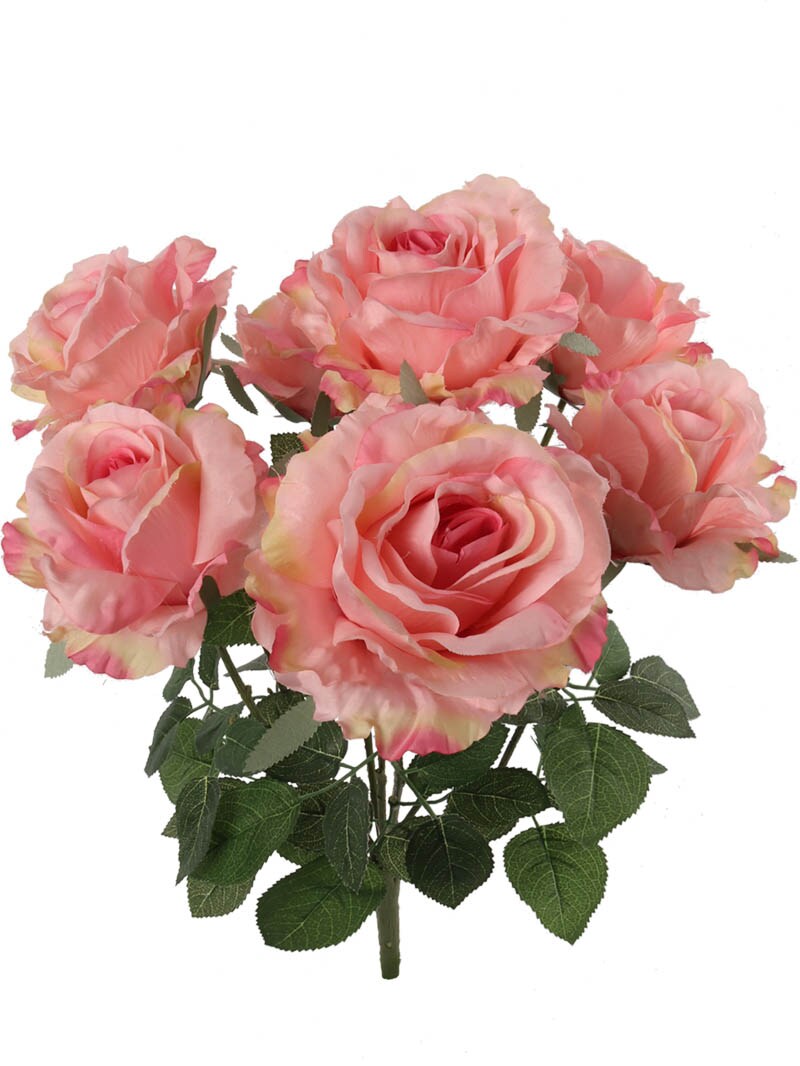 6-Pack: Pink Rose Bush with 7 Lifelike Silk Flowers & Foliage - Perfect for Bouquets, Floral Arrangements & Home Decor - Floral Home by Artificial Flowers