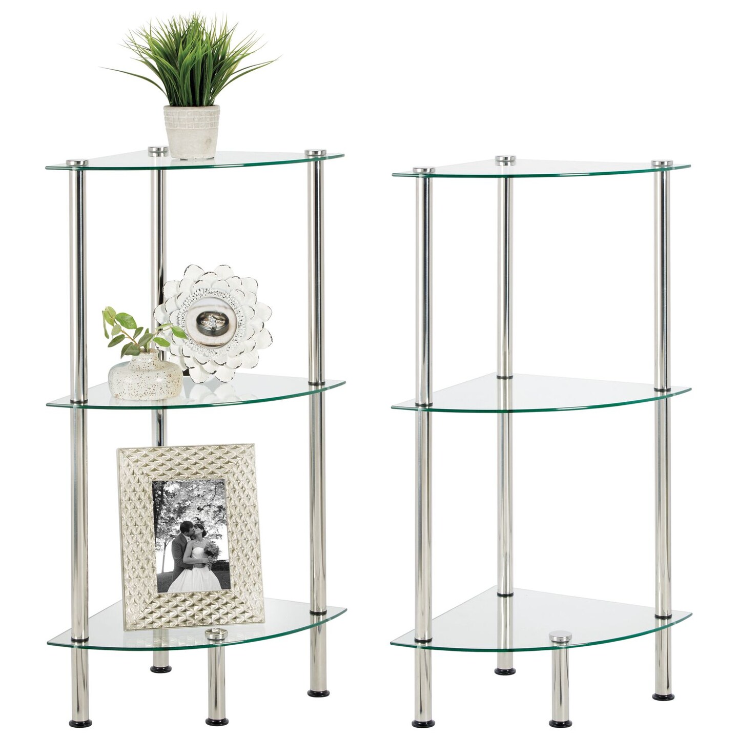 mDesign Glass Corner 3-Tier Tower Cabinet Organizer Shelf, 2 Pack, Clear/Chrome