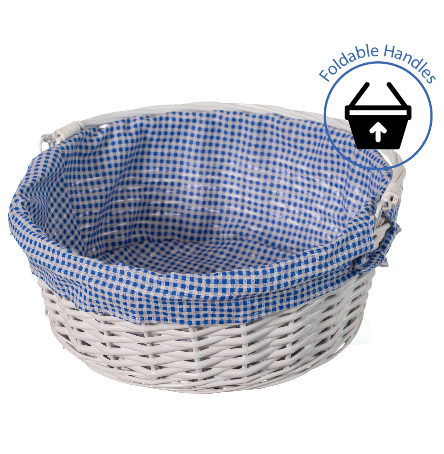 Traditional White Round Willow Gift Basket With Gingham Liner And