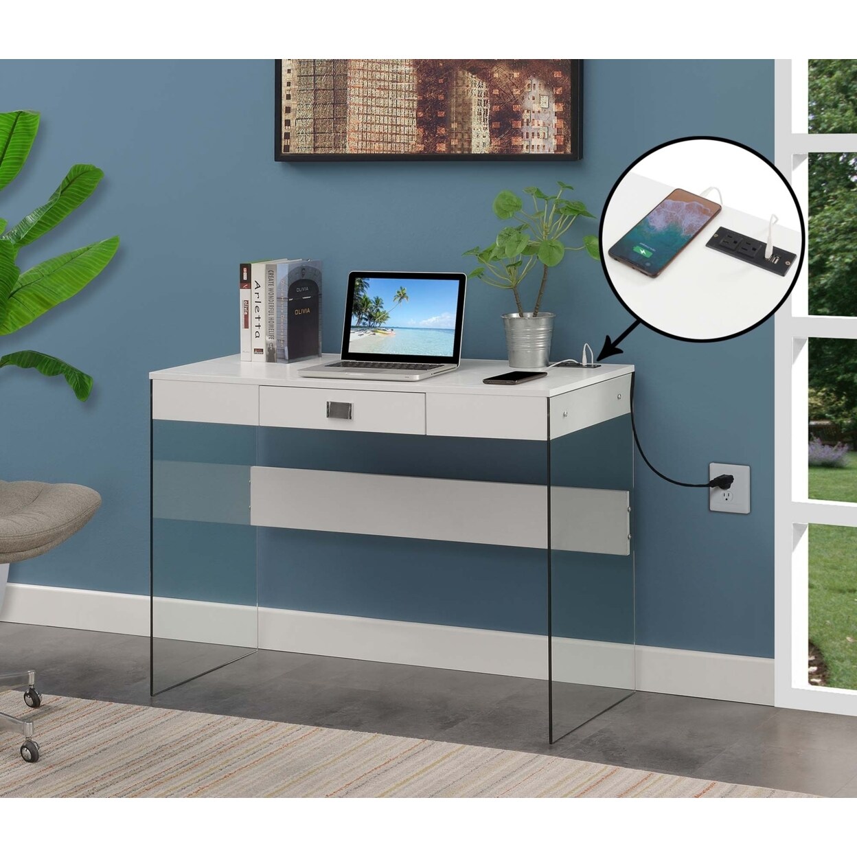 Convenience Concepts SoHo 42 inch Glass Desk with Charging Station, White