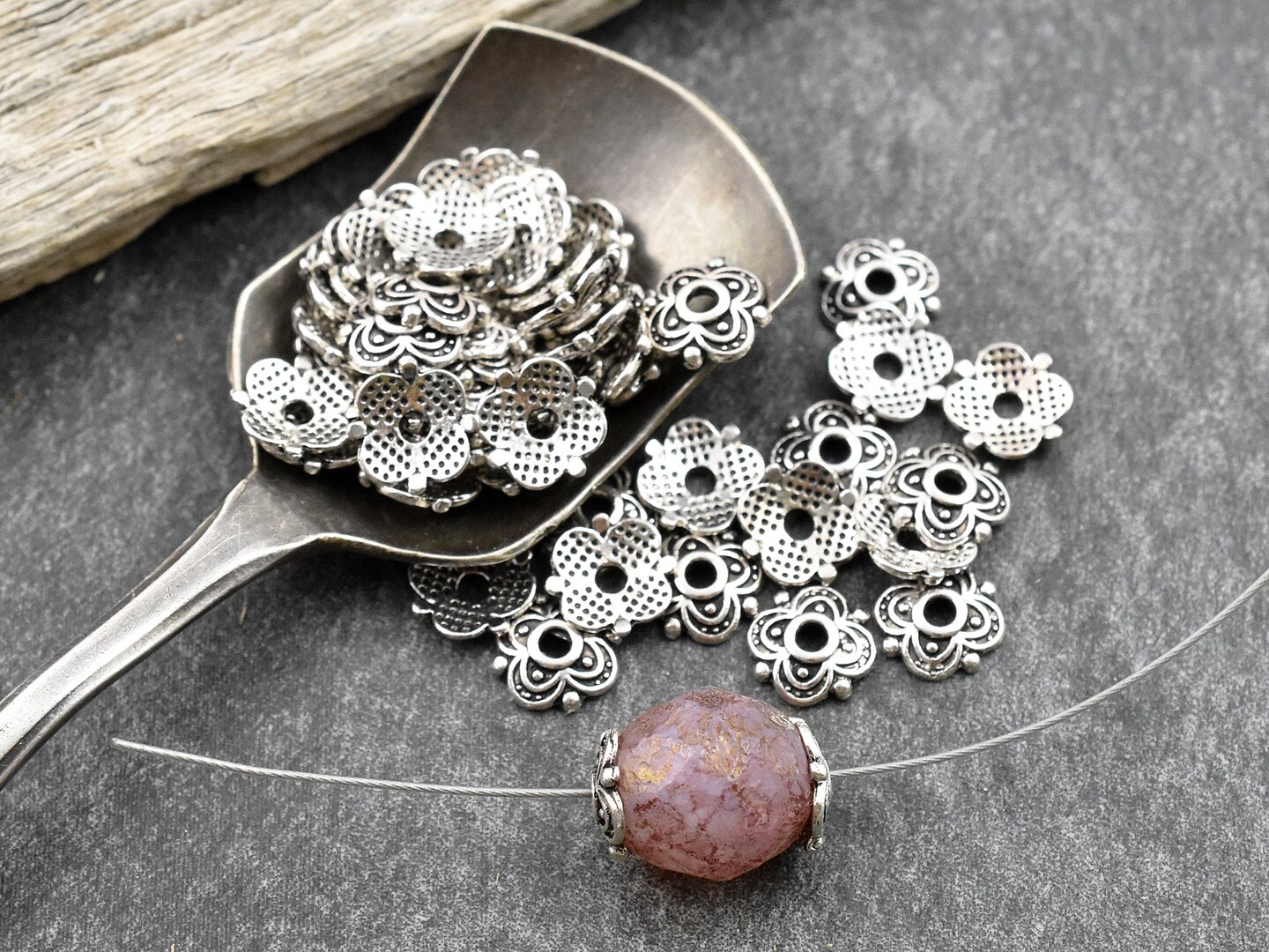 *100* 8mm Antique Silver Bead Caps