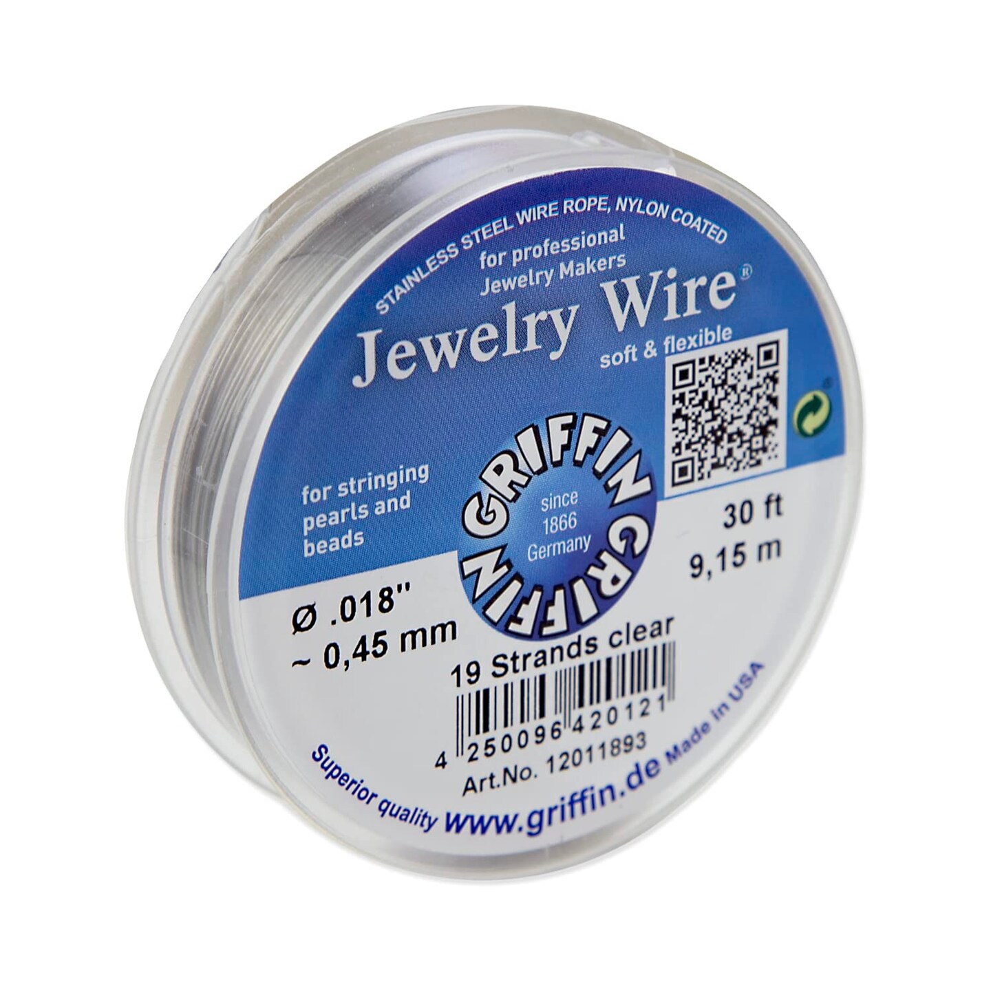 Griffin Jewelry Wire .018" Clear 19 Strand (30ft) Stainless Steel Wire Rope, Nylon Coated