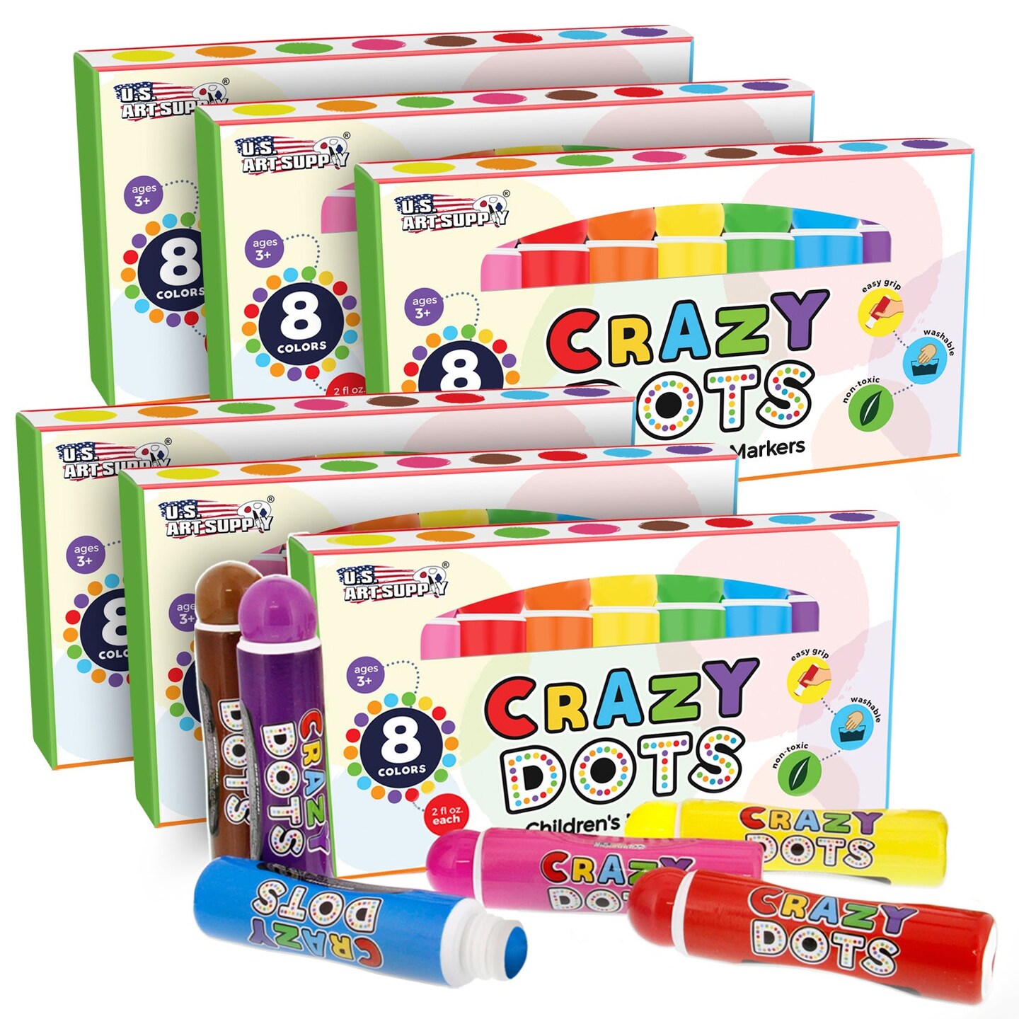 6 Boxes of 8 Color Crazy Dots Markers Children's Washable Easy Grip