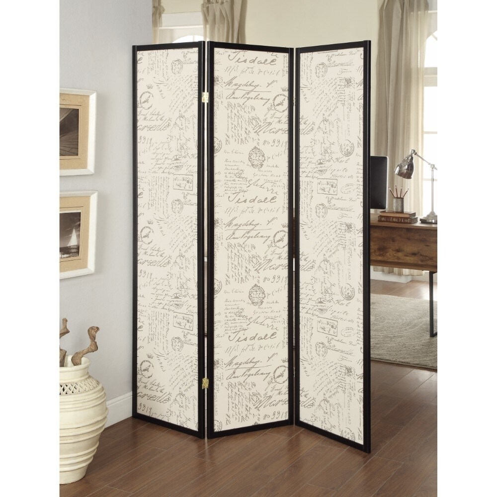 Coaster Three Panel Folding Floor Screen with Postal Script Panels, Brown- Saltoro Sherpi