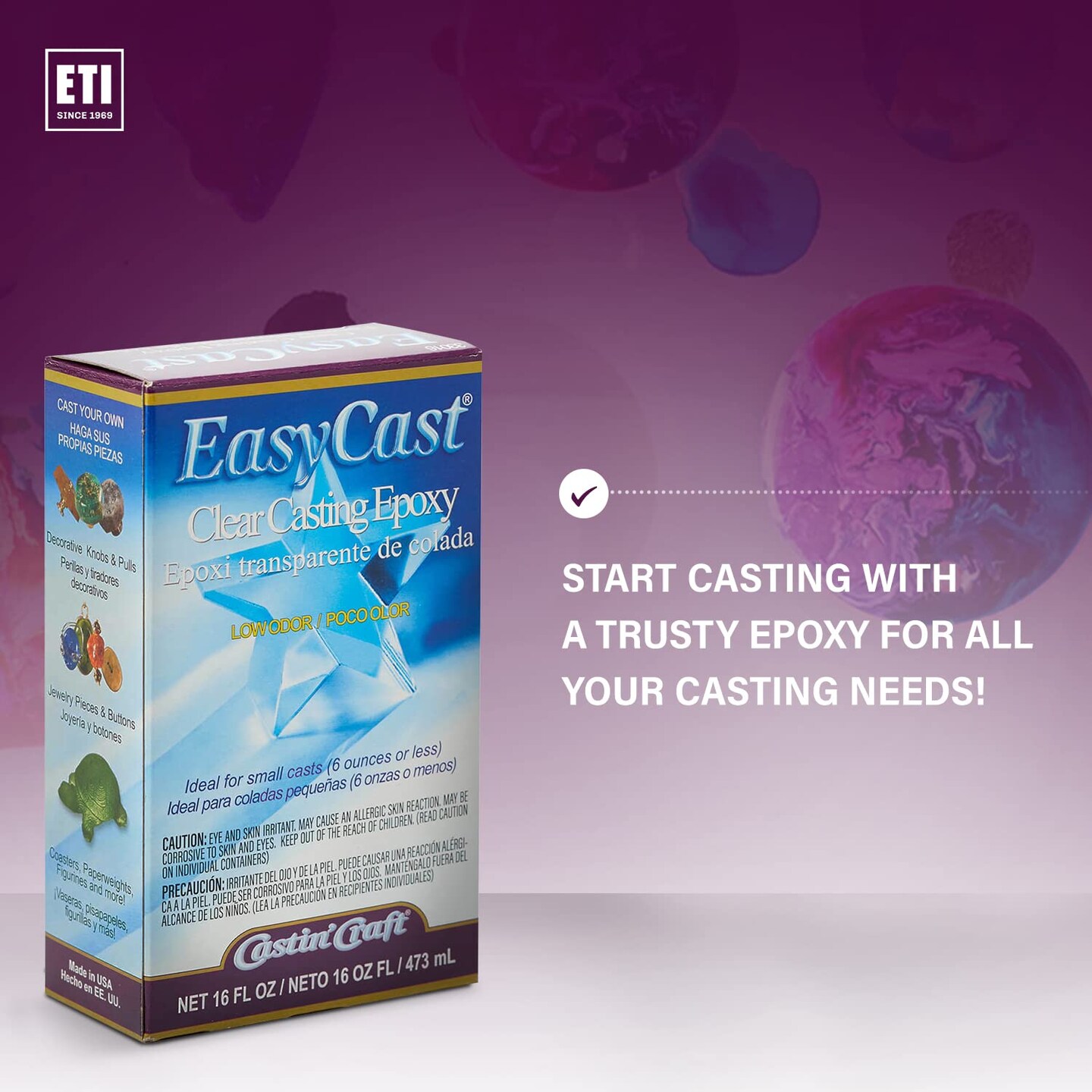 Environmental Technology EasyCast Crystal Clear Casting Epoxy Mix (2-Part Kit) For Coating of Small Arts &#x26; Crafts, Wood, Jewelry Making | Low Odor &#x26; Solvent Free | 8 oz Resin + 8oz Hardener (16 ounce)