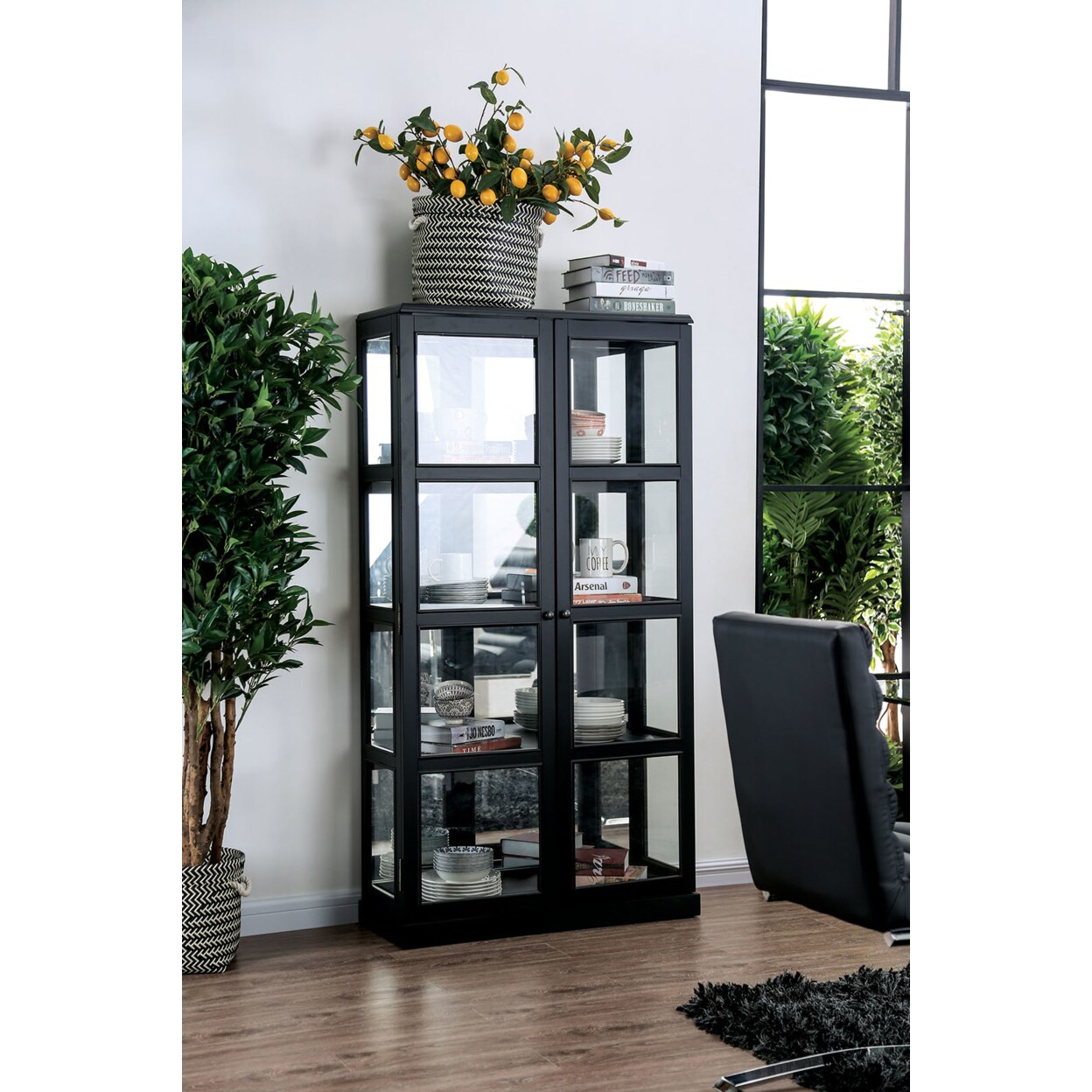 Saltoro Sherpi Transitional Wooden Curio Cabinet with Two Glass Doors and Four Shelves, Black -