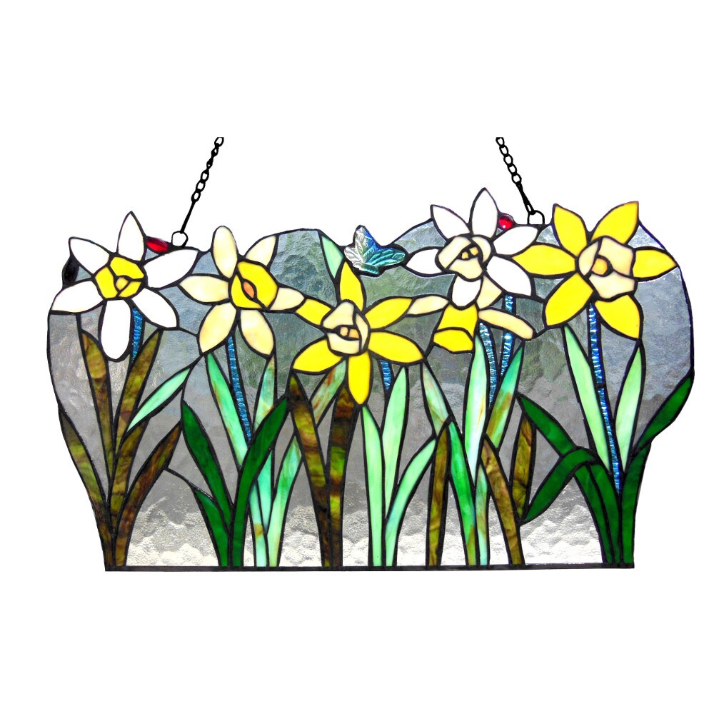 CHLOE Lighting   DAISY Tiffany-glass Flowers Window Panel 23&#x22; Wide