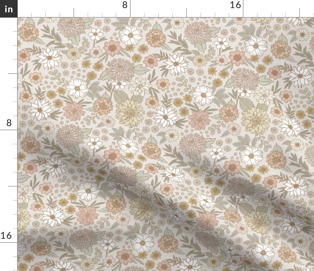 Dahlia Spring Botanical Cottage Tan Beige Custom Printed Fabric by Spoonflower Various Fabrics by the Yard or Fat Quarter