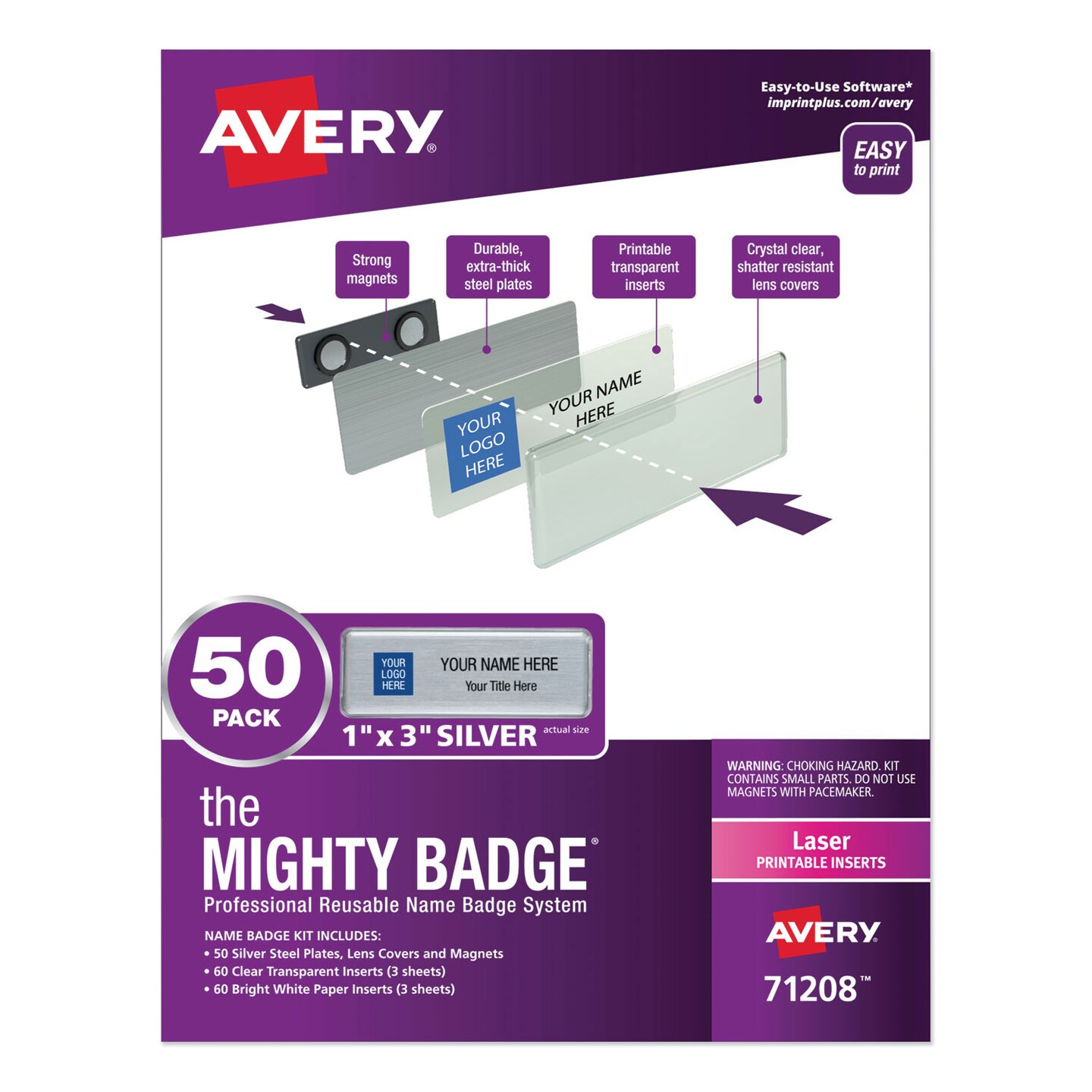 Avery The Mighty Badge Name Badge Holder Kit Horizontal 3 x 1 Laser