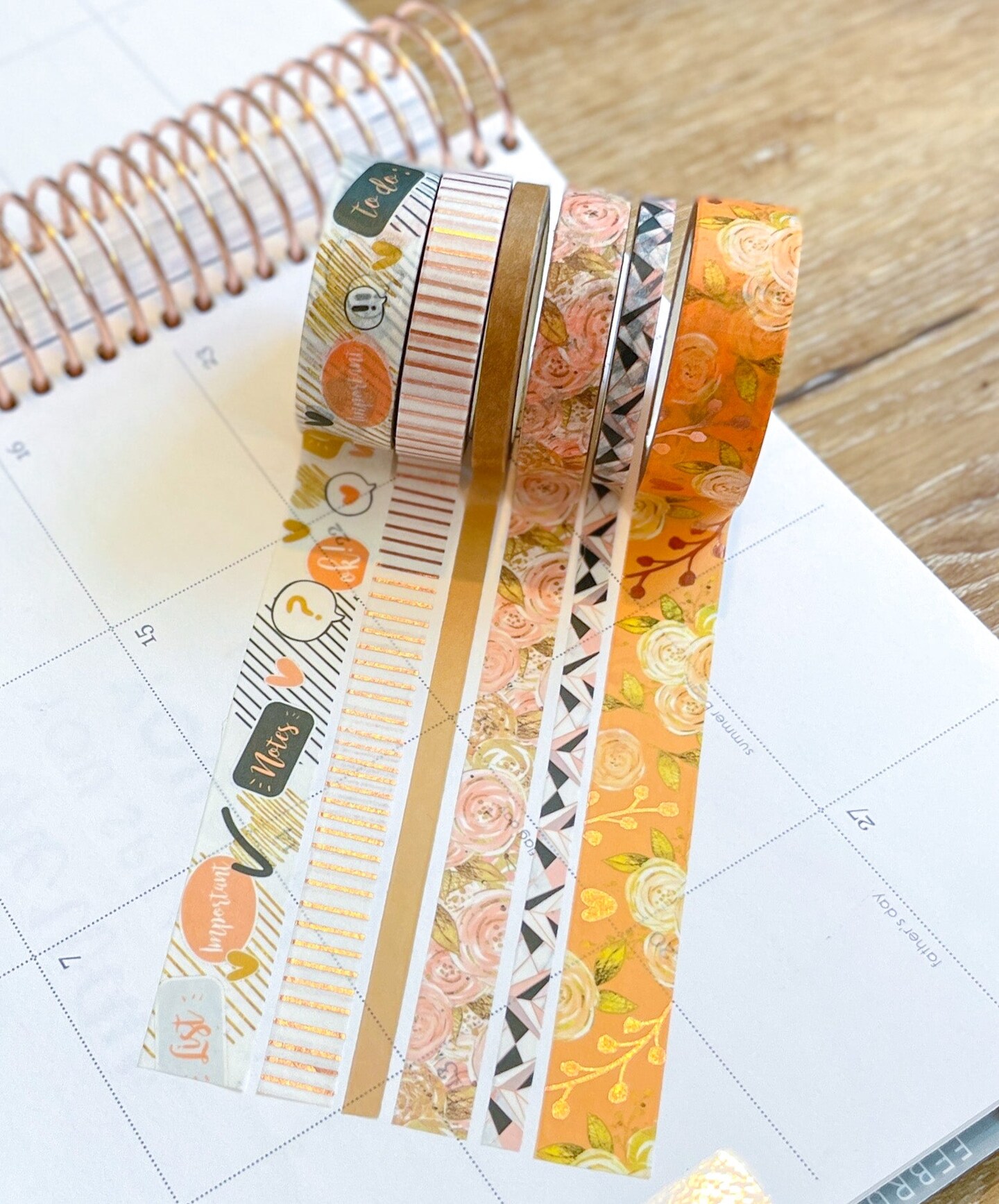 FOILED Peach Floral &#x26; Rose Gold Stripes Washi Tape Set (#W060)