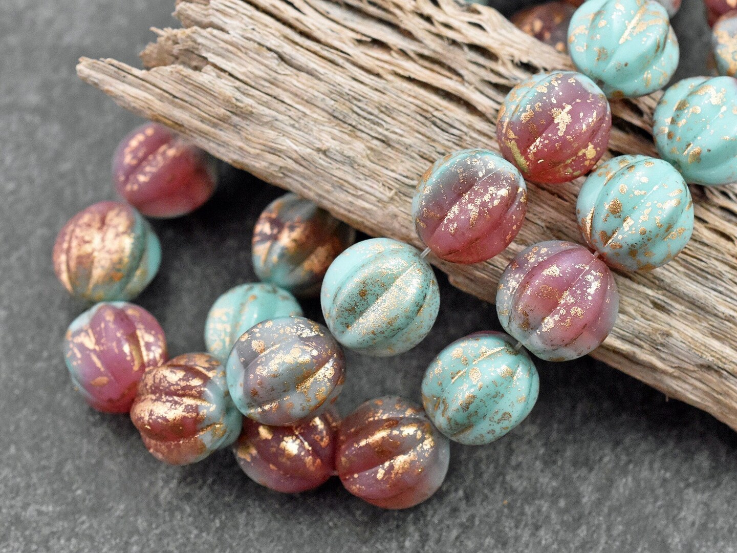 *15* 12mm Gold Washed Rose Pink & Turquoise Round Melon Beads