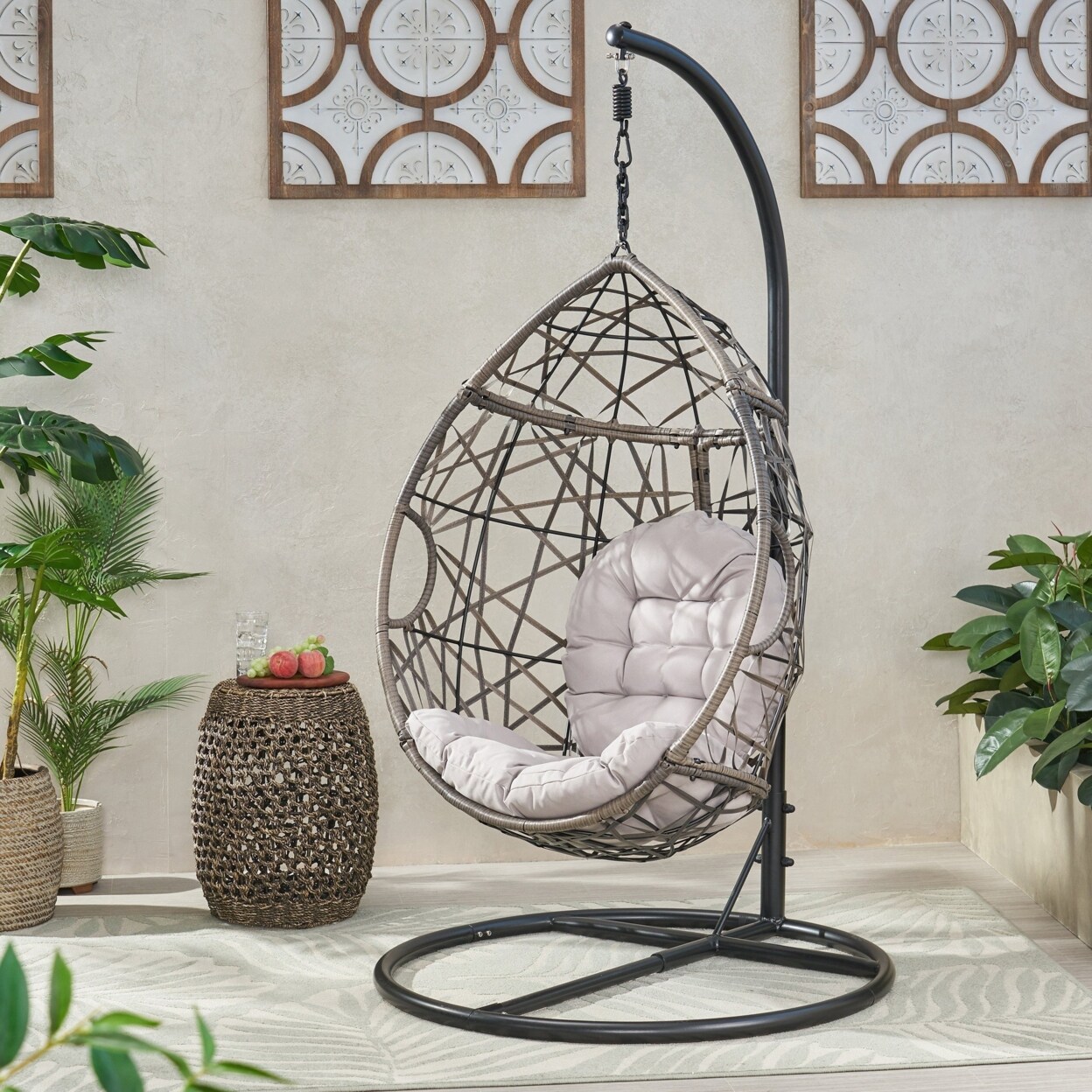 GDFStudio Berkley Outdoor Wicker Hanging Teardrop Egg Chair