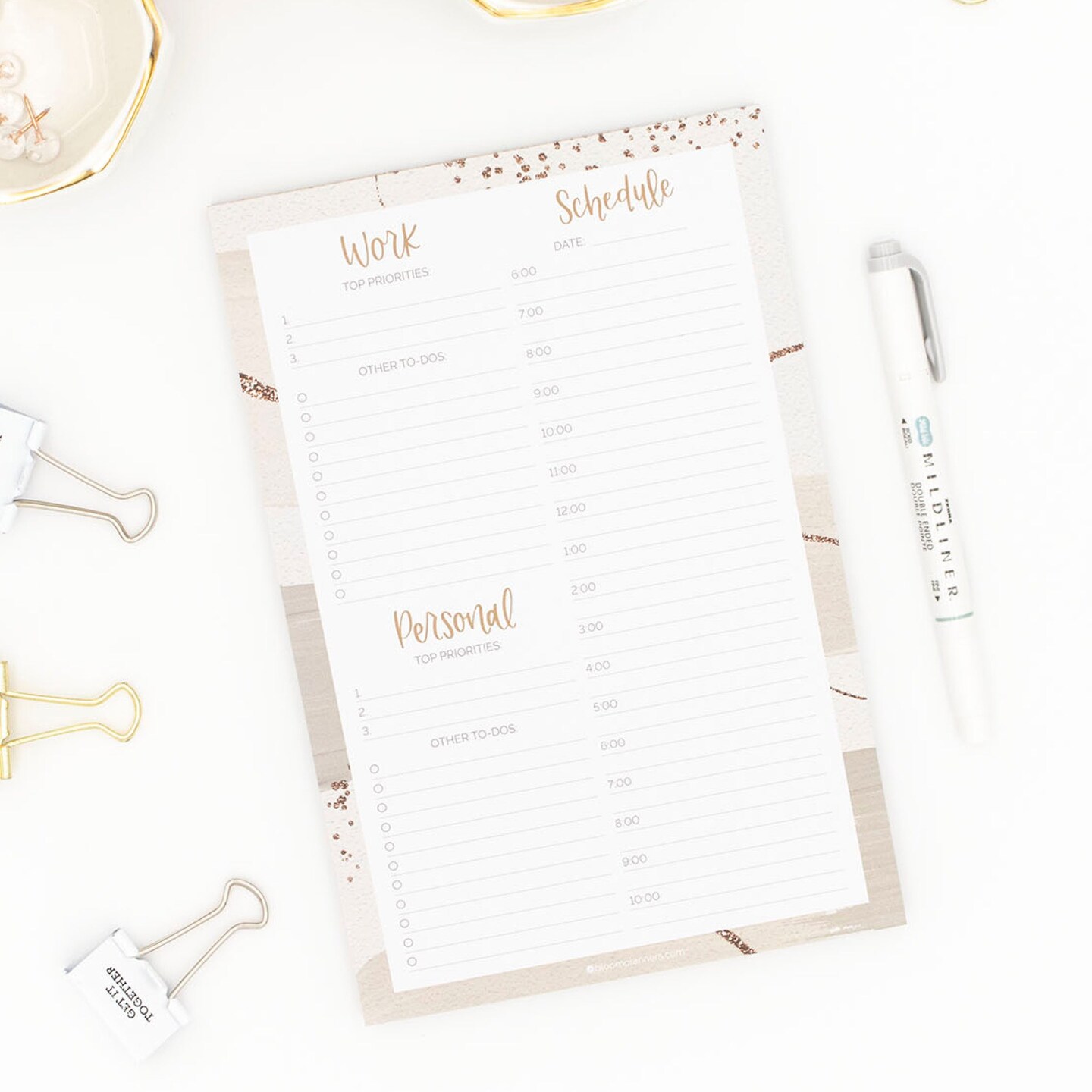 bloom daily planners Planning Pad, 6&#x22; x 9&#x22;, Timed Work &#x26; Personal To-Do List, Brushed Beige