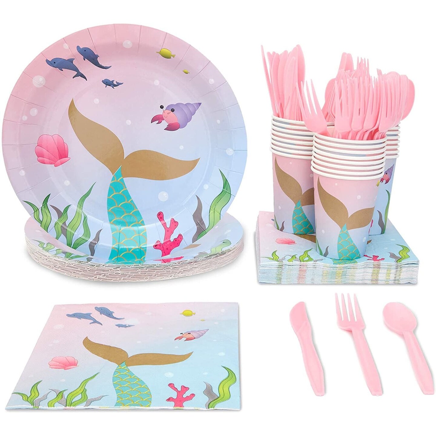 144 Pieces Mermaid Birthday Party Supplies, Dinnerware Set with Plates, Napkins, Cups, Cutlery (Serves 24)