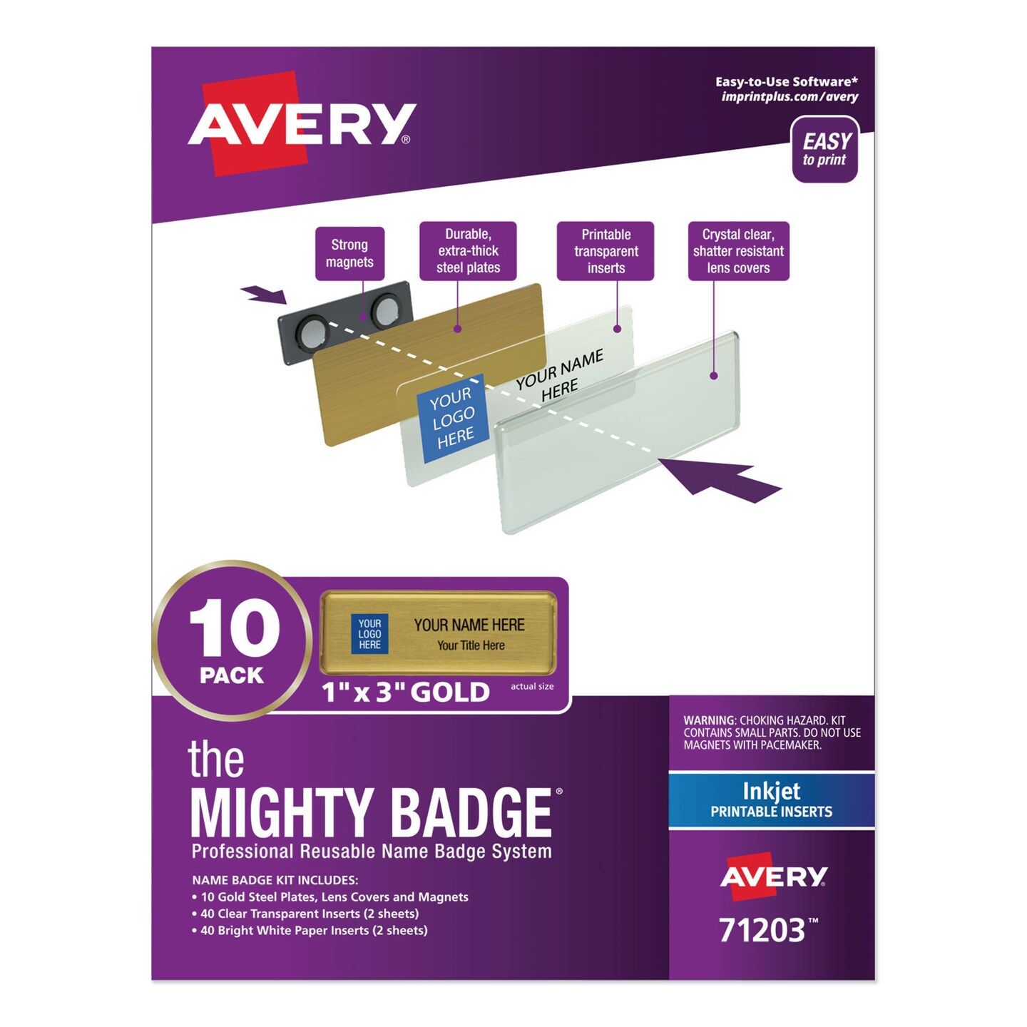 Avery The Mighty Badge Name Badge Holder Kit Horizontal 3 x 1 Inkjet Gold 10 Holders/ 80 Inserts