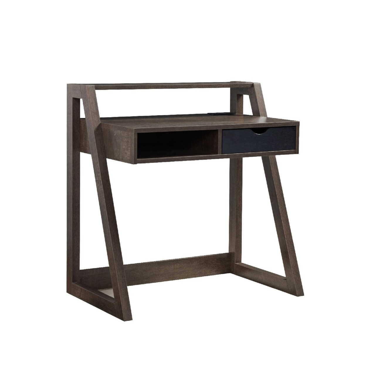 Saltoro Sherpi 36 Inch Ethan 1 Drawer Desk, Raised Shelf, Angled Frame, Walnut Brown-
